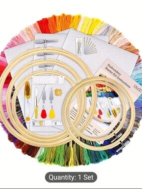 Embroidery Starter Kit with Multi-Color Floss and Wooden Hoops